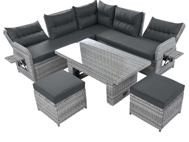 Outdoor Rattan Patio Furniture Set with Adjustable Recliners, Ottomans & Tables
