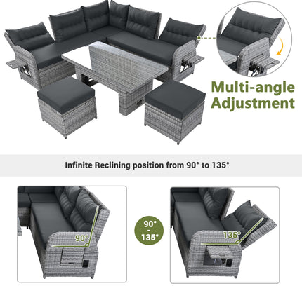 Outdoor Rattan Patio Furniture Set with Adjustable Recliners, Ottomans & Tables