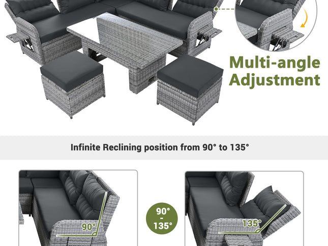 Outdoor Rattan Patio Furniture Set with Adjustable Recliners, Ottomans & Tables