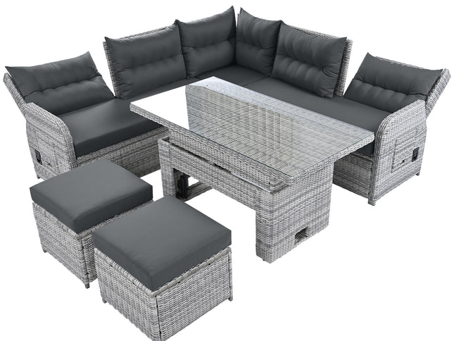 Outdoor Rattan Patio Furniture Set with Adjustable Recliners, Ottomans & Tables