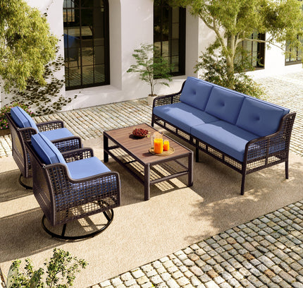 GO 4-Piece Outdoor PE Rattan Patio Set with 360° Swivel Chairs & Wood Coffee Table