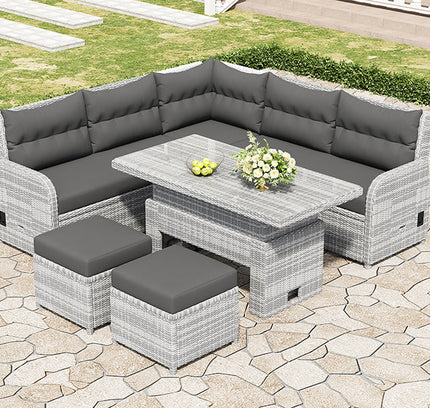 Outdoor Rattan Patio Furniture Set with Adjustable Recliners, Ottomans & Tables