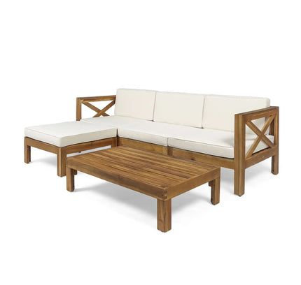 Alcove L-Shape Acacia Wood Outdoor Sofa Set with Ottoman & Coffee Table
