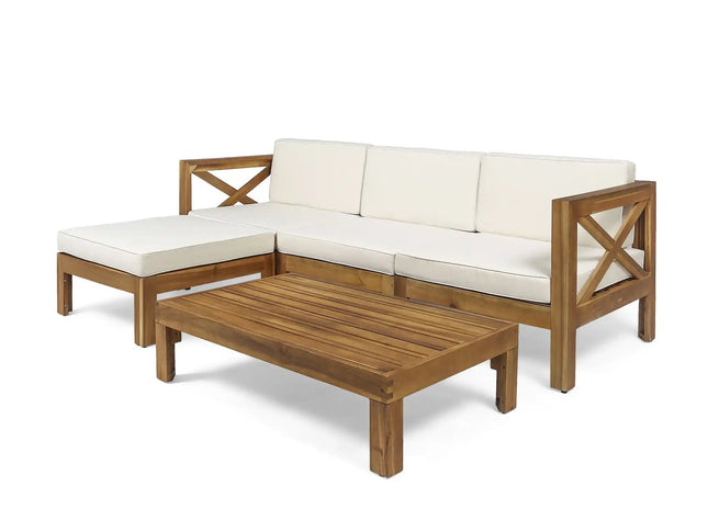 Alcove L-Shape Acacia Wood Outdoor Sofa Set with Ottoman & Coffee Table