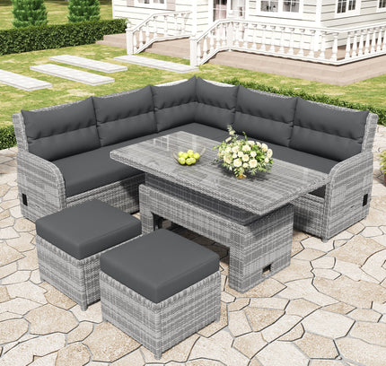 Outdoor Rattan Patio Furniture Set with Adjustable Recliners, Ottomans & Tables
