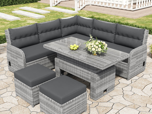 Outdoor Rattan Patio Furniture Set with Adjustable Recliners, Ottomans & Tables
