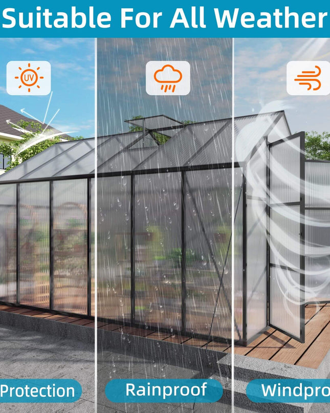 [08X12FT] All-Season Outdoor Backyard Polycarbonate Greenhouse With Raised Base And Aluminum Frame