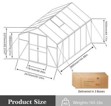 [08X12FT] All-Season Outdoor Backyard Polycarbonate Greenhouse With Raised Base And Aluminum Frame