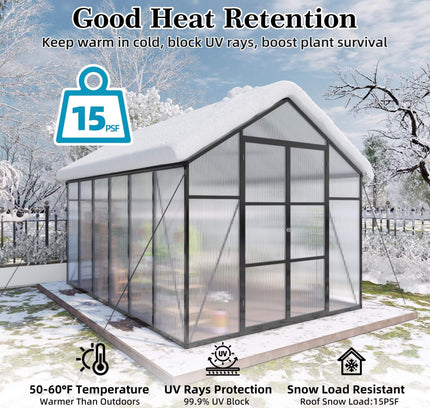 [08X12FT] All-Season Outdoor Backyard Polycarbonate Greenhouse With Raised Base And Aluminum Frame