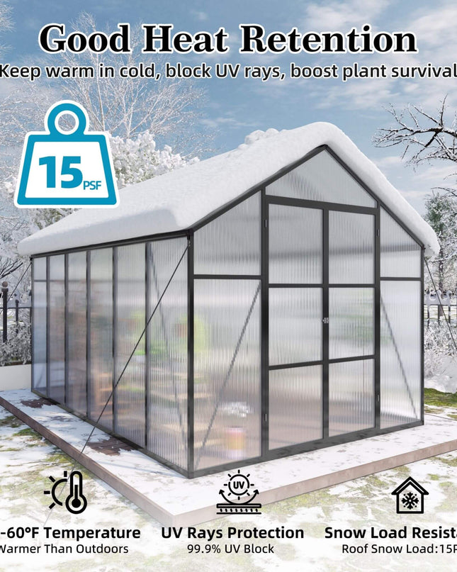[08X12FT] All-Season Outdoor Backyard Polycarbonate Greenhouse With Raised Base And Aluminum Frame