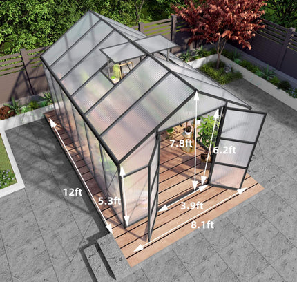 [08X12FT] All-Season Outdoor Backyard Polycarbonate Greenhouse With Raised Base And Aluminum Frame