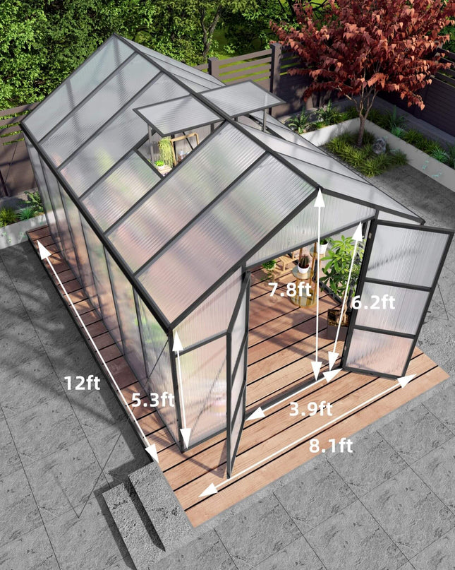 [08X12FT] All-Season Outdoor Backyard Polycarbonate Greenhouse With Raised Base And Aluminum Frame