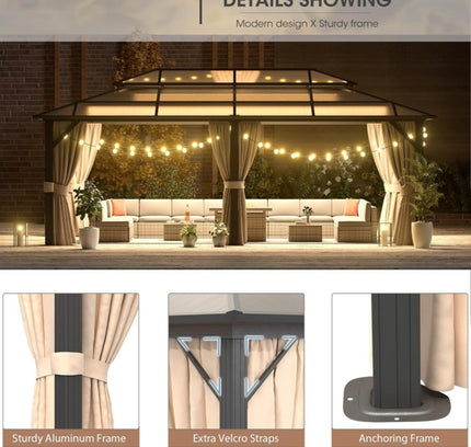 [12X20FT] Alora Premium Aluminum Outdoor Polycarbonate Hardtop Gazebo With UV Protection, Netting & Curtains