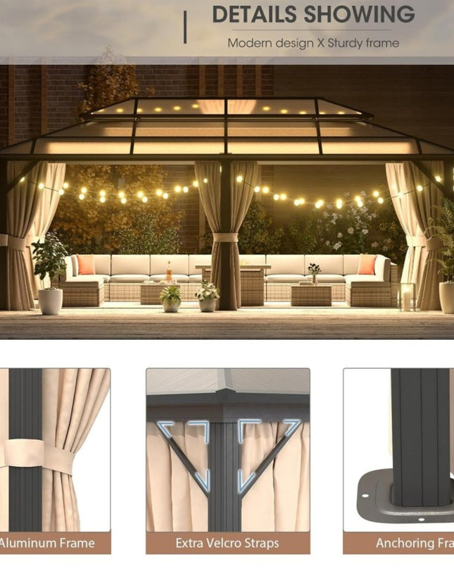 [12X20FT] Alora Premium Aluminum Outdoor Polycarbonate Hardtop Gazebo With UV Protection, Netting & Curtains
