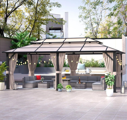 [12X20FT] Alora Premium Aluminum Outdoor Polycarbonate Hardtop Gazebo With UV Protection, Netting & Curtains