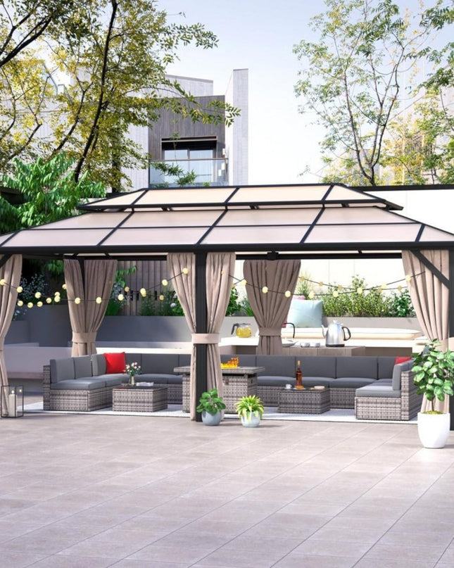 [12X20FT] Alora Premium Aluminum Outdoor Polycarbonate Hardtop Gazebo With UV Protection, Netting & Curtains