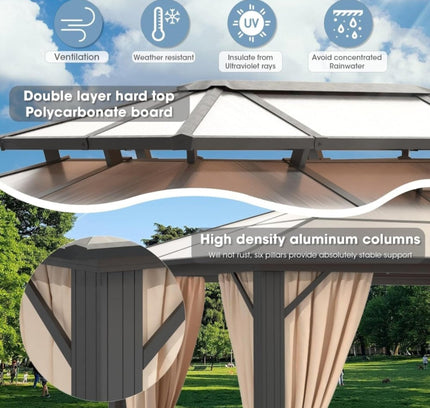 [12X20FT] Alora Premium Aluminum Outdoor Polycarbonate Hardtop Gazebo With UV Protection, Netting & Curtains