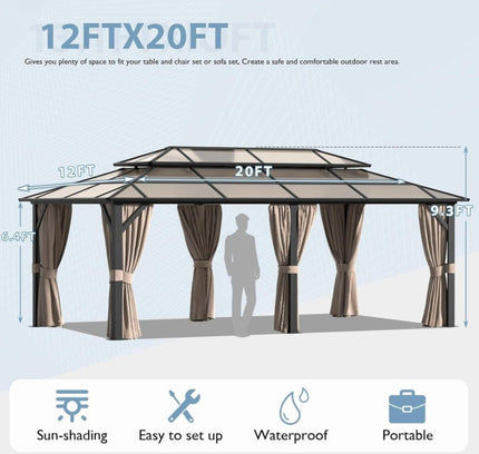 [12X20FT] Alora Premium Aluminum Outdoor Polycarbonate Hardtop Gazebo With UV Protection, Netting & Curtains