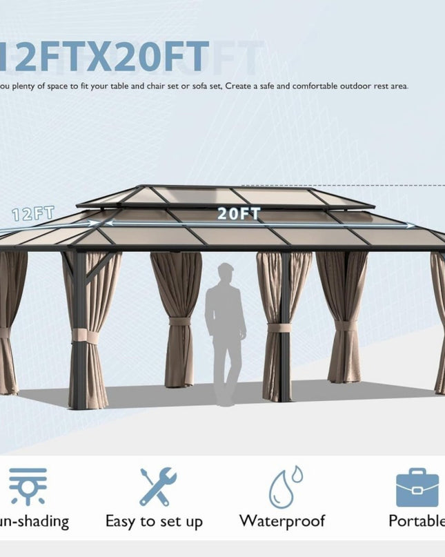 [12X20FT] Alora Premium Aluminum Outdoor Polycarbonate Hardtop Gazebo With UV Protection, Netting & Curtains