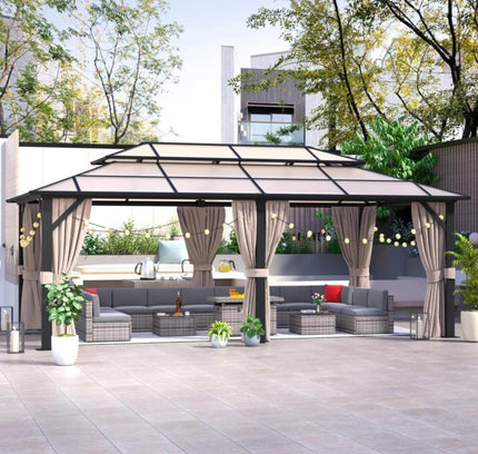 [12X20FT] Alora Premium Aluminum Outdoor Polycarbonate Hardtop Gazebo With UV Protection, Netting & Curtains