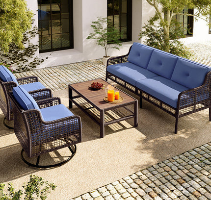 GO 4-Piece Outdoor PE Rattan Patio Set with 360° Swivel Chairs & Wood Coffee Table