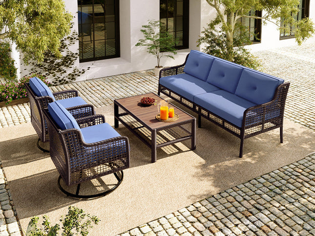 GO 4-Piece Outdoor PE Rattan Patio Set with 360° Swivel Chairs & Wood Coffee Table