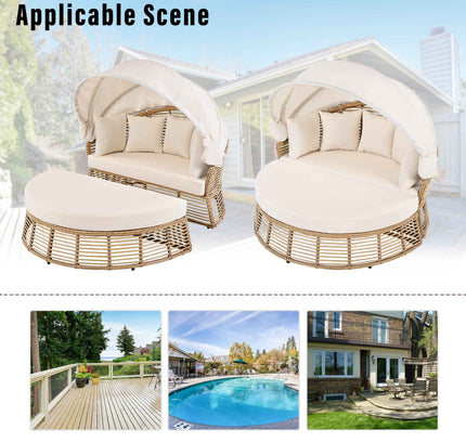 Outdoor Patio Rattan Round Daybed with Retractable Canopy, Wicker