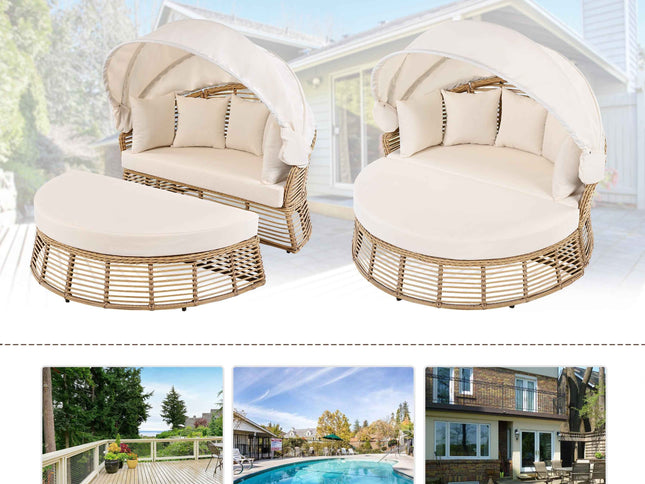 Outdoor Patio Rattan Round Daybed with Retractable Canopy, Wicker