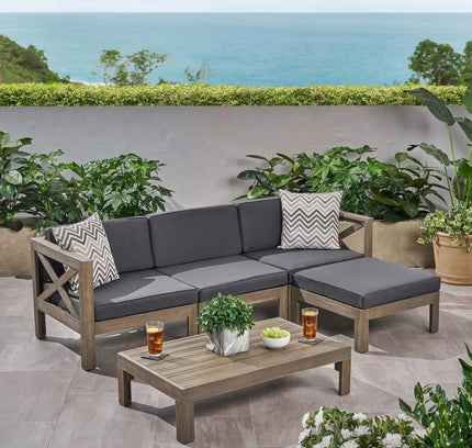 Alcove L-Shape Acacia Wood Outdoor Sofa Set with Ottoman & Coffee Table