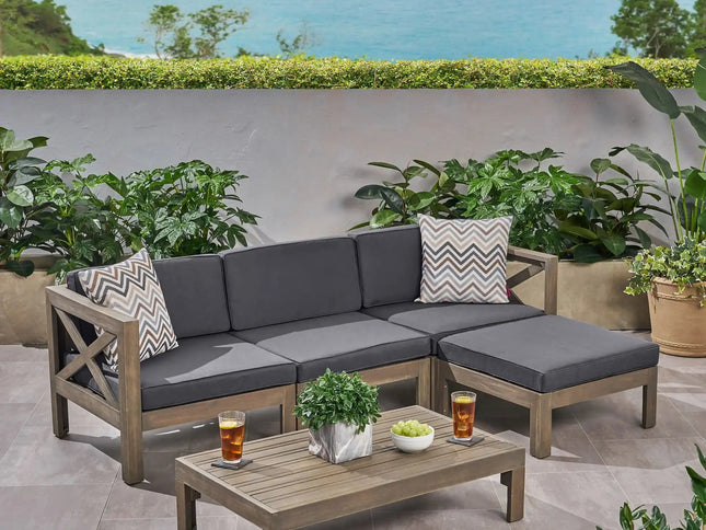 Alcove L-Shape Acacia Wood Outdoor Sofa Set with Ottoman & Coffee Table