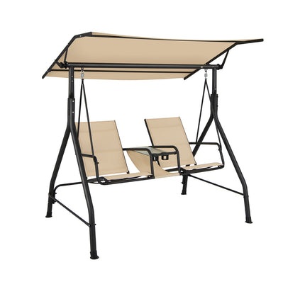 2-Seat Cushioned Porch Swing w/ Adjustable Canopy & Tempered Glass Table-Beige