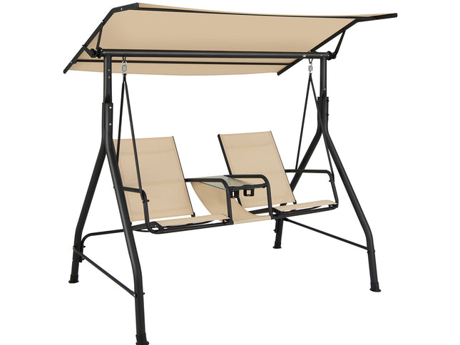2-Seat Cushioned Porch Swing w/ Adjustable Canopy & Tempered Glass Table-Beige