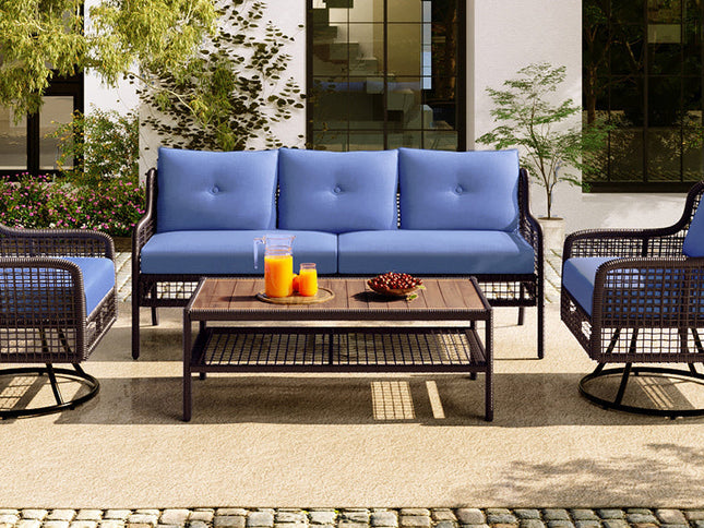 GO 4-Piece Outdoor PE Rattan Patio Set with 360° Swivel Chairs & Wood Coffee Table