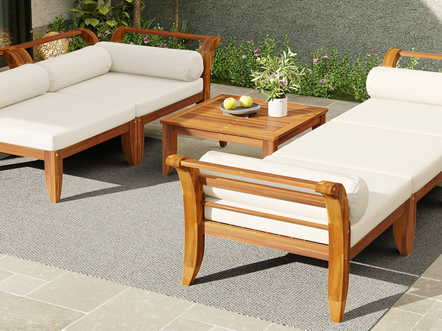 6-Piece Acacia Wood Outdoor Modular Sectional with Daybed Configuration & Tea Table