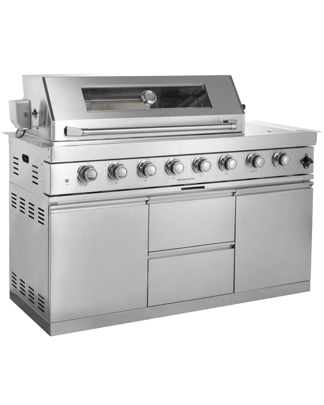Castelle Flame 62-Inch 6-Burner Gas Outdoor Grill Island With Wine Cooler And Rotisserie