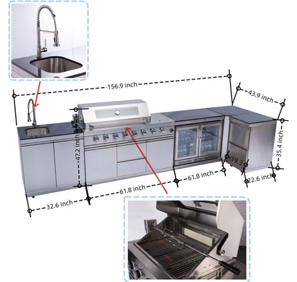 Castelle Flame 62-Inch 6-Burner Gas Outdoor Grill Island With Wine Cooler And Rotisserie