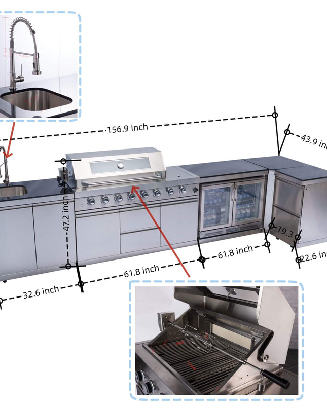 Castelle Flame 62-Inch 6-Burner Gas Outdoor Grill Island With Wine Cooler And Rotisserie