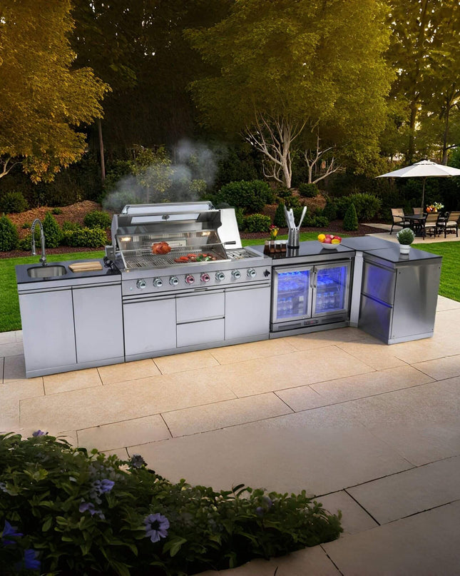 Castelle Flame 62-Inch 6-Burner Gas Outdoor Grill Island With Wine Cooler And Rotisserie