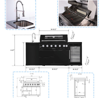 Castelle Flame 85K BTU Outdoor BBQ Kitchen Grill Island With 43-Inch 6-Burner Grill, Wine Fridge, Rotisserie Kit, And Sink
