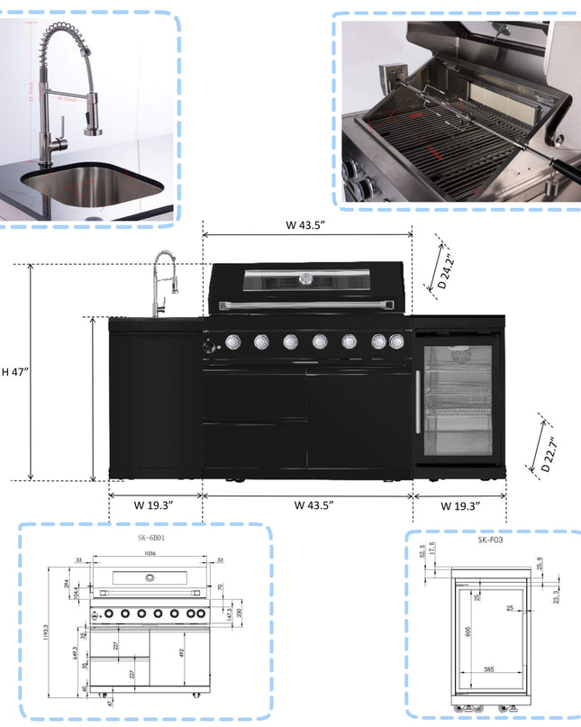 Castelle Flame 85K BTU Outdoor BBQ Kitchen Grill Island With 43-Inch 6-Burner Grill, Wine Fridge, Rotisserie Kit, And Sink
