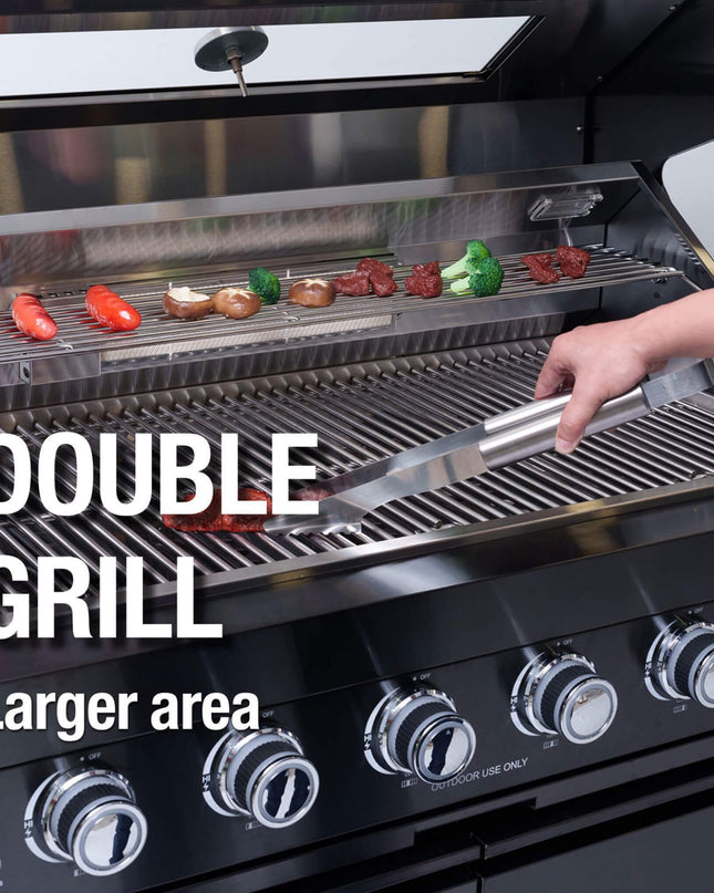 Castelle Flame 85K BTU Outdoor BBQ Kitchen Grill Island With 43-Inch 6-Burner Grill, Wine Fridge, Rotisserie Kit, And Sink