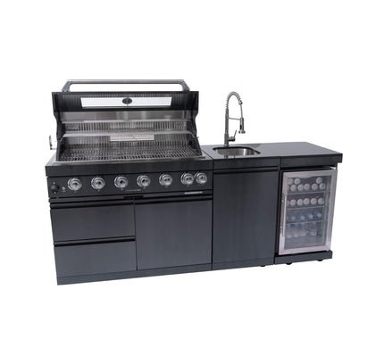 Castelle Flame 85K BTU Outdoor BBQ Kitchen Grill Island With 43-Inch 6-Burner Grill, Wine Fridge, Rotisserie Kit, And Sink