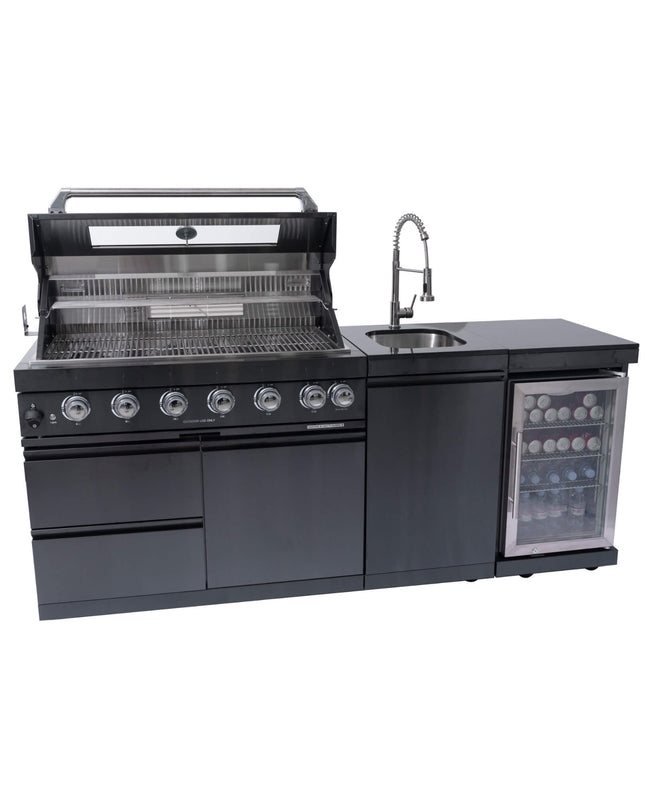 Castelle Flame 85K BTU Outdoor BBQ Kitchen Grill Island With 43-Inch 6-Burner Grill, Wine Fridge, Rotisserie Kit, And Sink