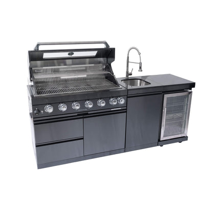 Castelle Flame 85K BTU Outdoor BBQ Kitchen Grill Island With 43-Inch 6-Burner Grill, Wine Fridge, Rotisserie Kit, And Sink