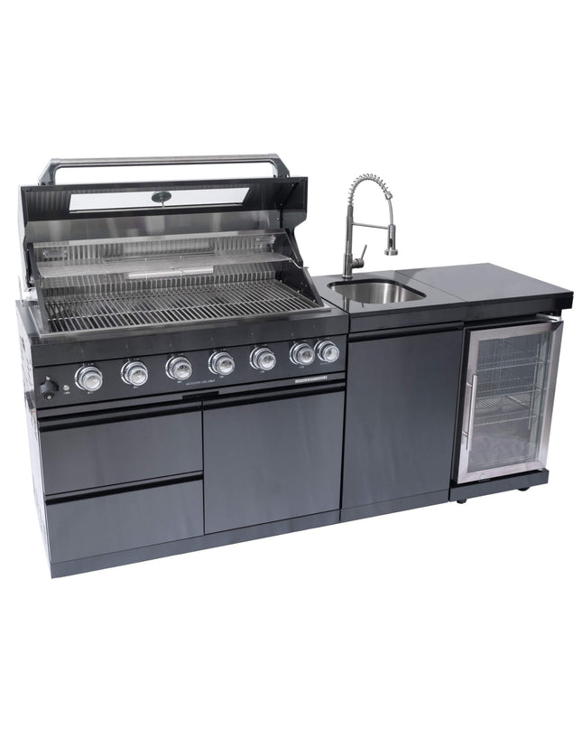 Castelle Flame 85K BTU Outdoor BBQ Kitchen Grill Island With 43-Inch 6-Burner Grill, Wine Fridge, Rotisserie Kit, And Sink