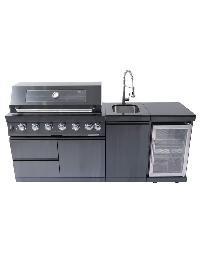 Castelle Flame 85K BTU Outdoor BBQ Kitchen Grill Island With 43-Inch 6-Burner Grill, Wine Fridge, Rotisserie Kit, And Sink