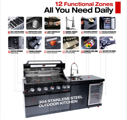 Castelle Flame 85K BTU Outdoor BBQ Kitchen Grill Island With 43-Inch 6-Burner Grill, Wine Fridge, Rotisserie Kit, And Sink