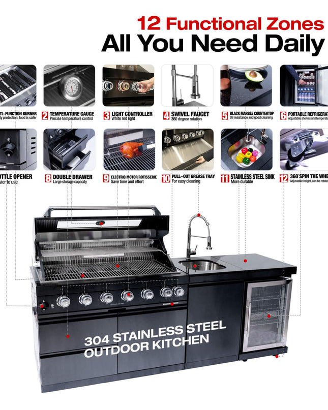 Castelle Flame 85K BTU Outdoor BBQ Kitchen Grill Island With 43-Inch 6-Burner Grill, Wine Fridge, Rotisserie Kit, And Sink