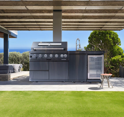 Castelle Flame 85K BTU Outdoor BBQ Kitchen Grill Island With 43-Inch 6-Burner Grill, Wine Fridge, Rotisserie Kit, And Sink