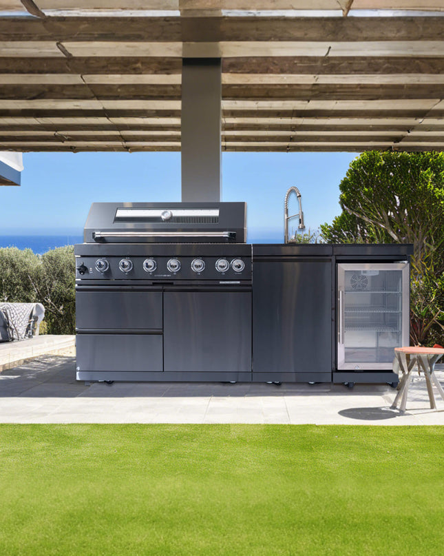 Castelle Flame 85K BTU Outdoor BBQ Kitchen Grill Island With 43-Inch 6-Burner Grill, Wine Fridge, Rotisserie Kit, And Sink